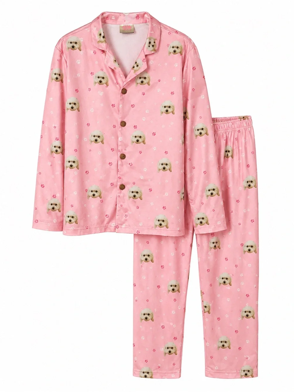 Girls Pink Puppy Print Satin Pajama Set Size 8–9 Years Long Sleeve Matching PJs